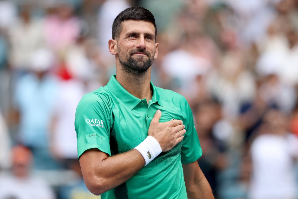 Novak Djokovic celebrates his straight-sets victory over Grigor Dimitrov in the Miami Open semi-finals. Photo: AFP
