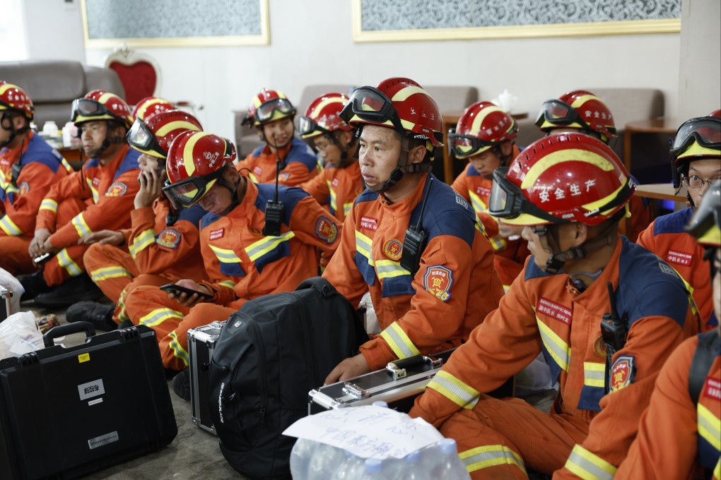 Members of the Chinese rescue team pictured at Yangon airport. Photo: Xinhua
