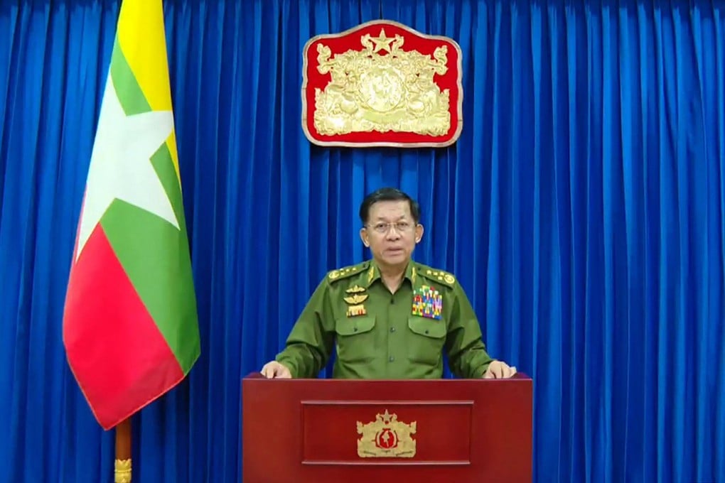 Myanmar’s military chief Min Aung Hlaing making a speech in Naypyidaw on Friday, appealing for international aid for the earthquake’s relief effort. Photo: AFP