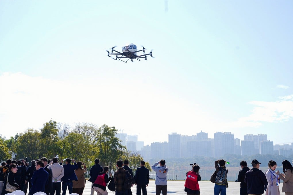 EHang’s EH216-S autonomous passenger drone completes its first commercial flight demonstration in the southern Chinese city of Guangzhou. EHang has become one of the first companies in China to receive approval to put its passenger drones into operation. Photo: EHang