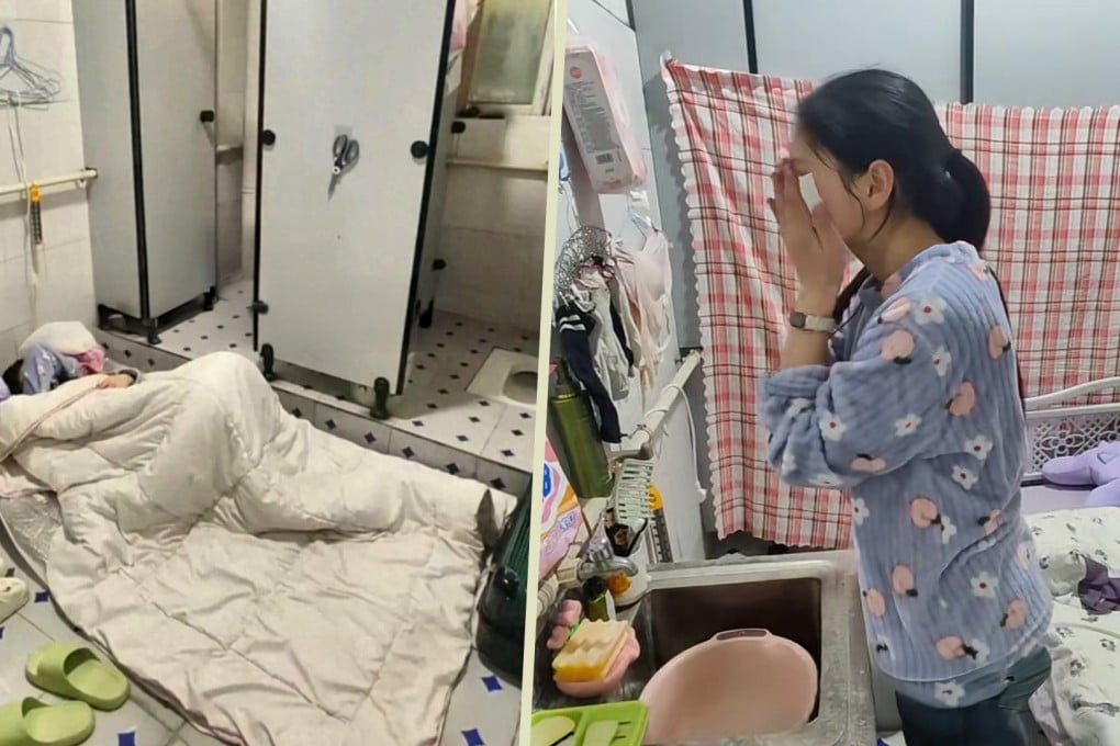 A young woman who struggles with high rent is paying US$7 a month to sleep in a toilet. Photo: SCMP composite/Douyin