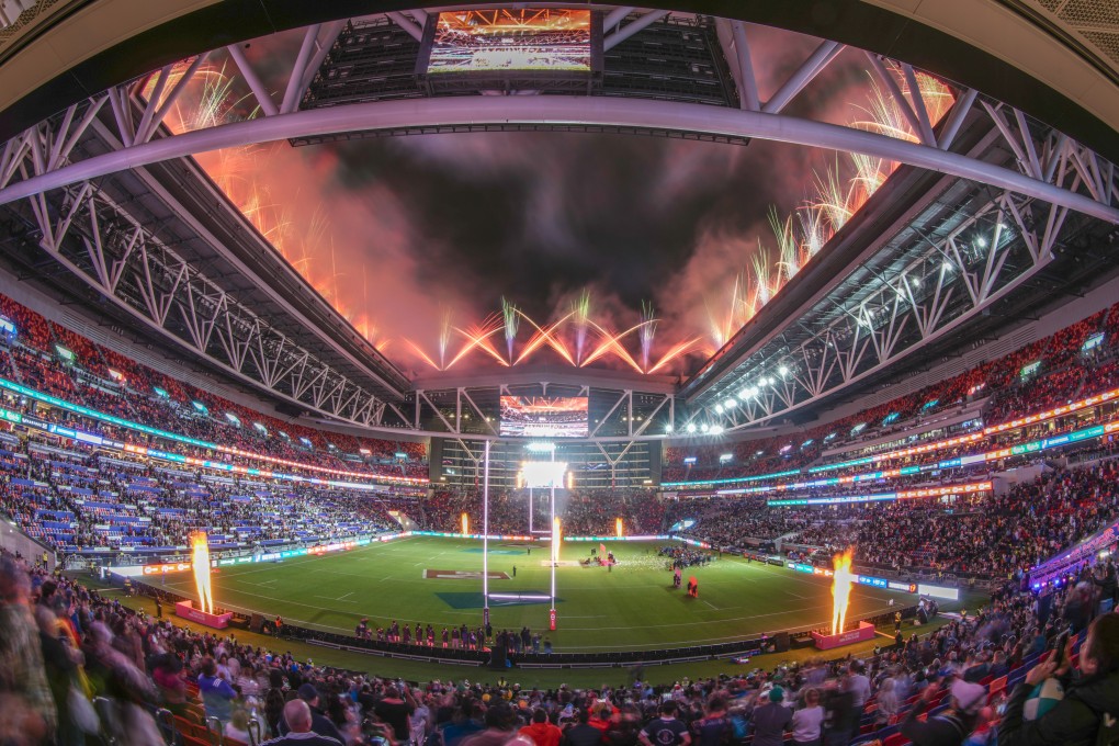 The Cathay/HSBC Hong Kong Sevens closed with its traditional fireworks display, but this time in its new home at Kai Tak Stadium. Photo: Eugene Lee