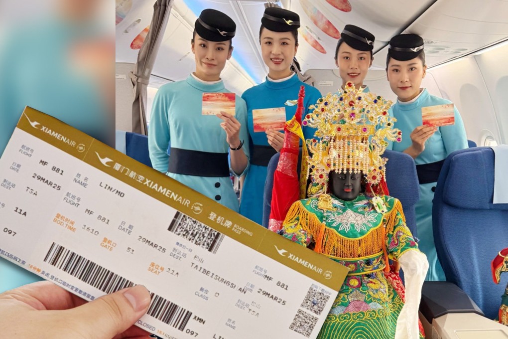 An airline in China issued special boarding passes for two Chinese deity statues as they embarked on a cross-strait religious visit. Photo: SCMP composite/QQ.com/X
