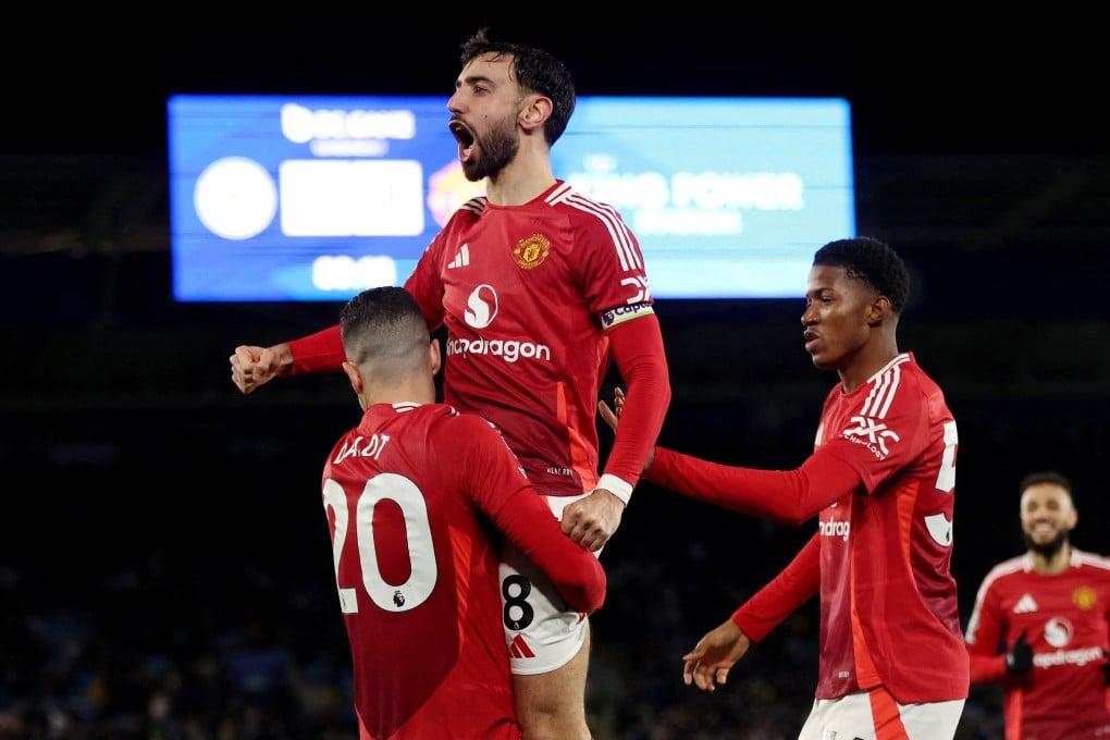 Bruno Fernandes celebrates a goal in Manchester United’s recent 3-0 win at Leicester City. Photo: Reuters