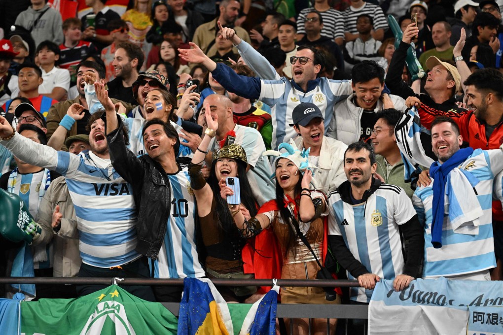 Argentina fans celebrate after their team won its cup final match against France on the third day of the 2025 Rugby Sevens Hong Kong tournament. Photo: AFP