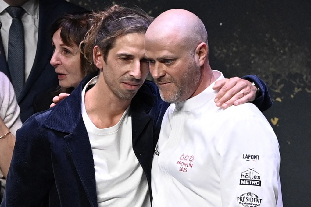 Hugo Roellinger (left) and Christopher Coutanceau after their restaurants joined the ranks of those awarded three stars at the Michelin Guide France 2025 ceremony in Metz, France on March 31, 2025. Photo: AFP