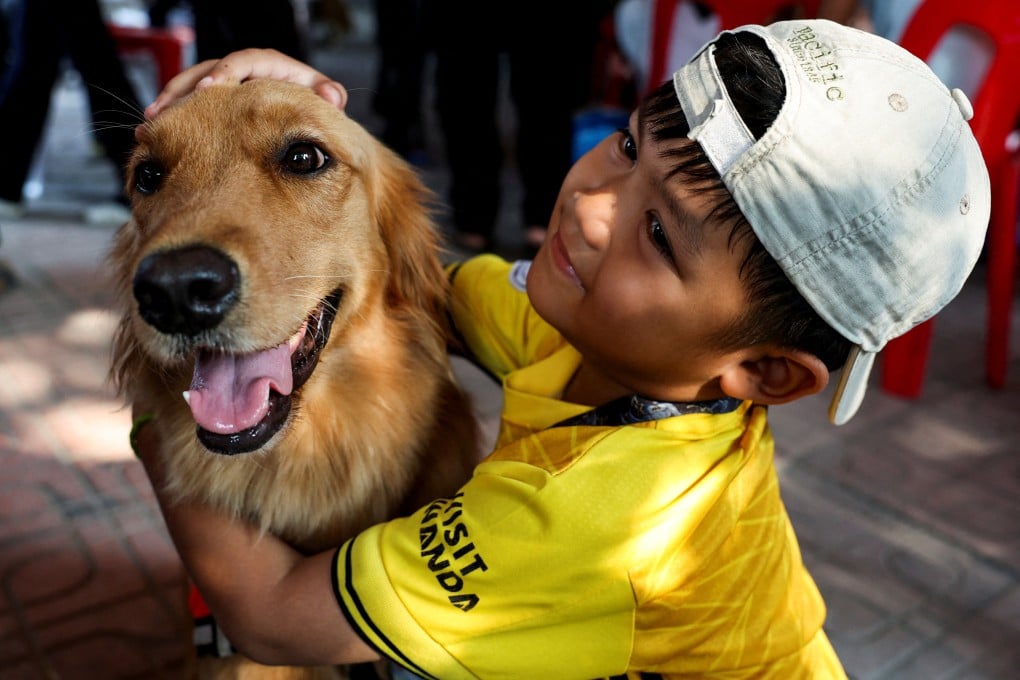 A child in Bangkok, Thailand, hugs Tualek, a dog involved in search and rescue operations following a strong earthquake. Photo: Reuters