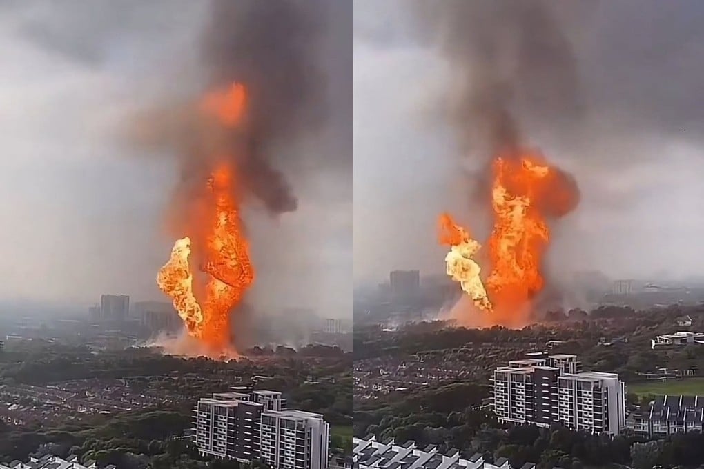A composite image made of stills from a social media video shows the huge fire on the outskirts of Kuala Lumpur, Malaysia, on Tuesday. Photo: X/ashvarg