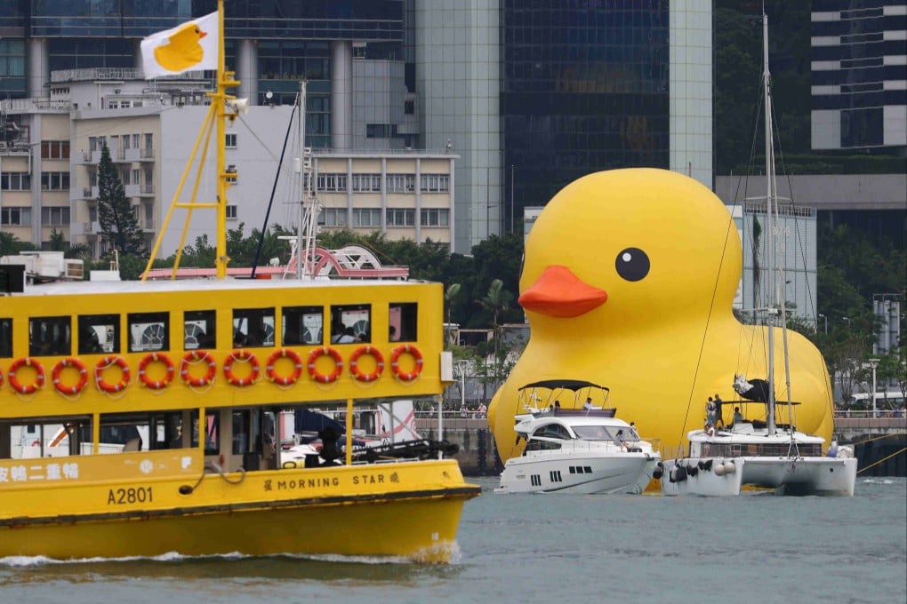 One of the two giant rubber ducks by Florentijn Hofman, anchored at Victoria Harbour in Hong Kong. Photo: Dickson Lee
