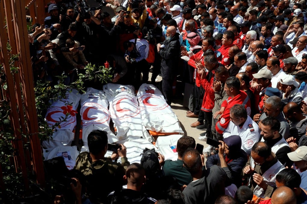 Palestinians mourn Red Crescent staff who came under Israeli fire while on a rescue mission, at Nasser hospital in Khan Younis, southern Gaza on Monday. Photo: Reuters