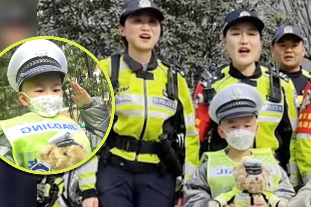 A traffic police brigade in Jinan city let a young boy with a rare disease be a traffic cop for a day. Photo: SCMP composite/Douyin/QQ.com