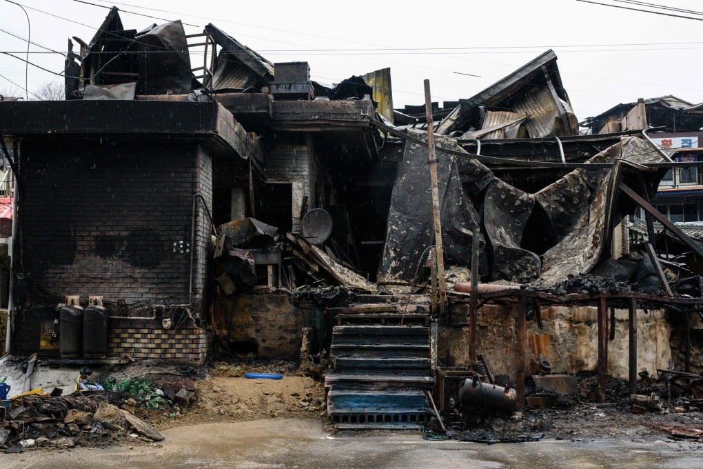 A wildfire-damaged house in a coastal village in Yeongdeok, South Korea, on Friday. Photo: AFP