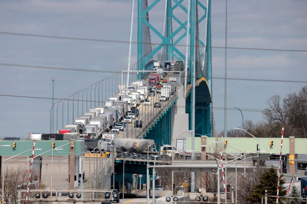 Vehicles cross the Ambassador Bridge, which carries about 25% of all trade between the US and Canada, in Windsor, Ontario, to go to Detroit, Michigan, on Tuesday. US President Donald Trump kept the world’s leading economies on edge as he made final preparations for a “Liberation Day” announcement of sweeping new tariffs that could trigger a global trade war. Photo: AFP