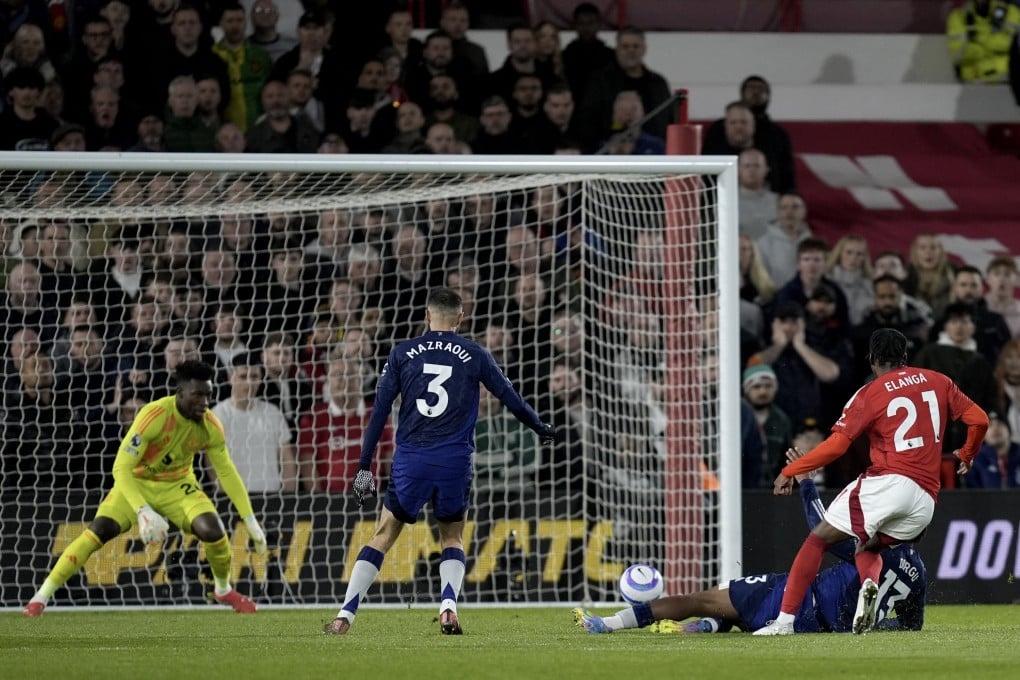 Anthony Elanga (right) scores Nottingham Forest’s only goal in their 1-0 victory over Manchester United. Photo: EPA