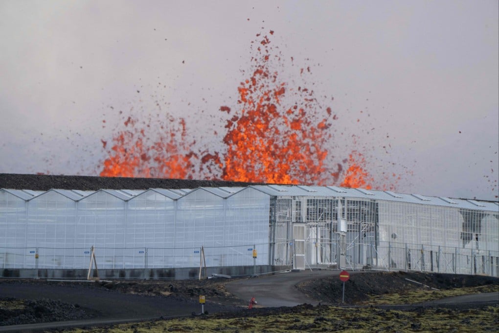 Molten lava comes out of a fissure behind a greenhouse on the outskirts of the fishing village of Grindavik. Photo: AFP