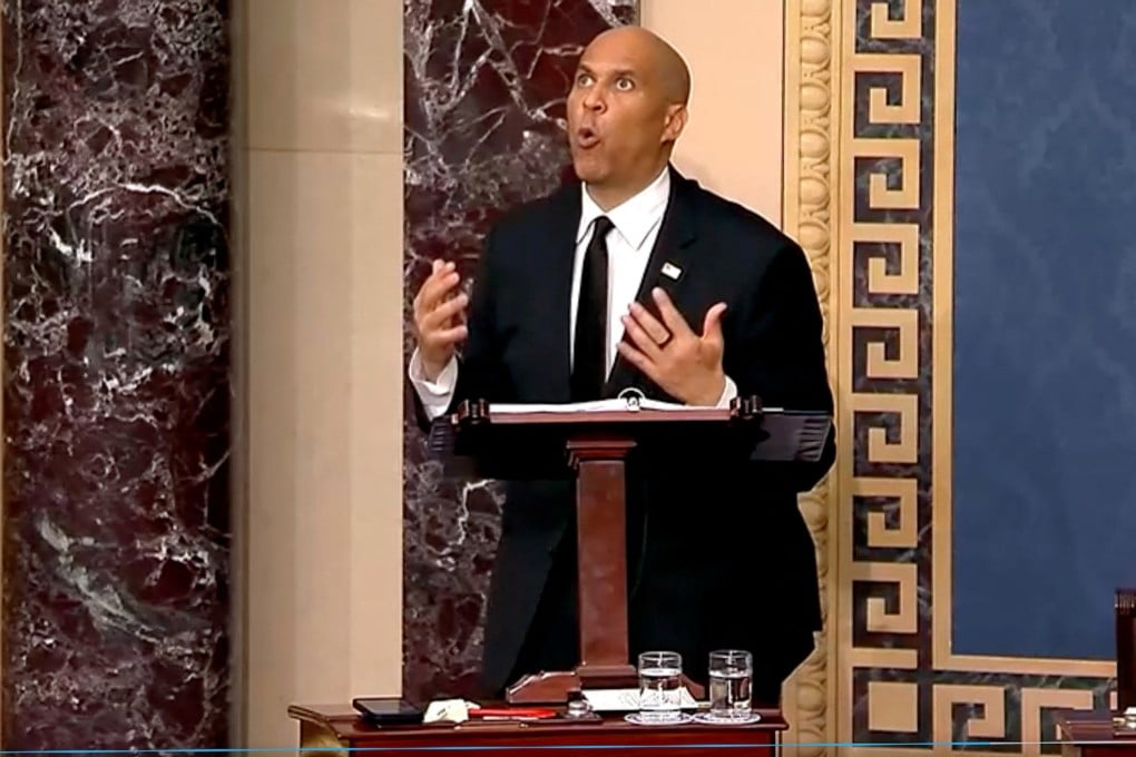 US Senator Cory Booker delivering his marathon speech. Photo: US Senate TV via Reuters