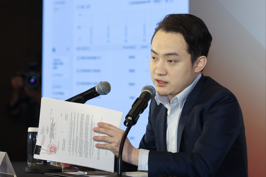 Justin Sun, founder of the Tron blockchain, speaks at a press conference on Thursday in Tsim Sha Tsui, where he accused First Digital Trust of misappropriating funds of a stablecoin operator he has links to. Photo: Edmond So