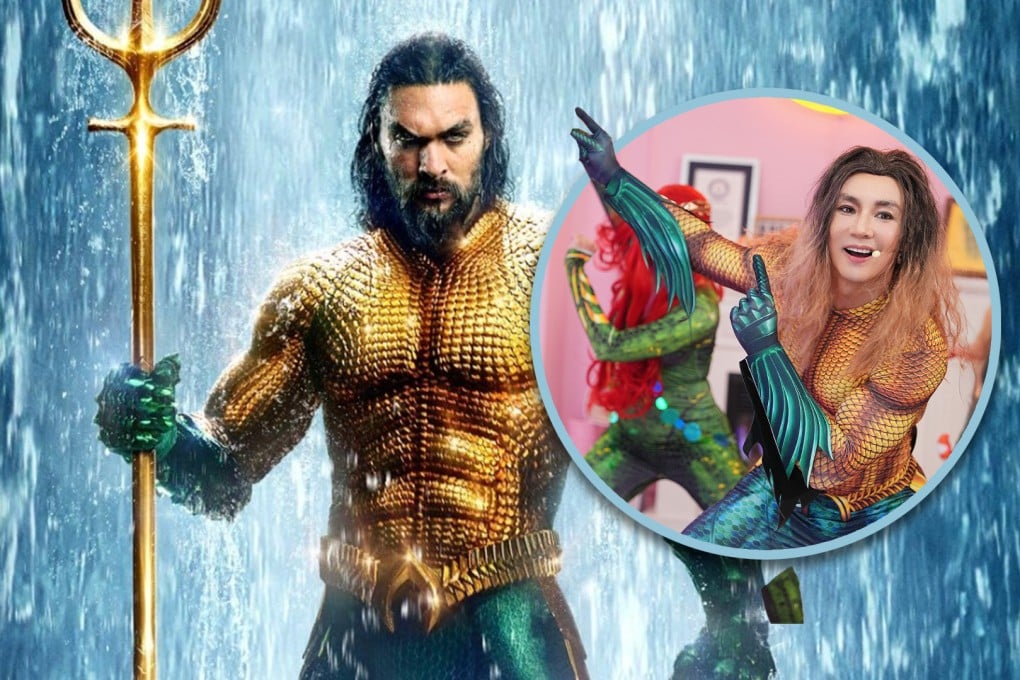 A fitness influencer in China has had a “provocative” live-stream shut down while cosplaying as Aquaman. Photo: SCMP composite/Weibo/IMDb