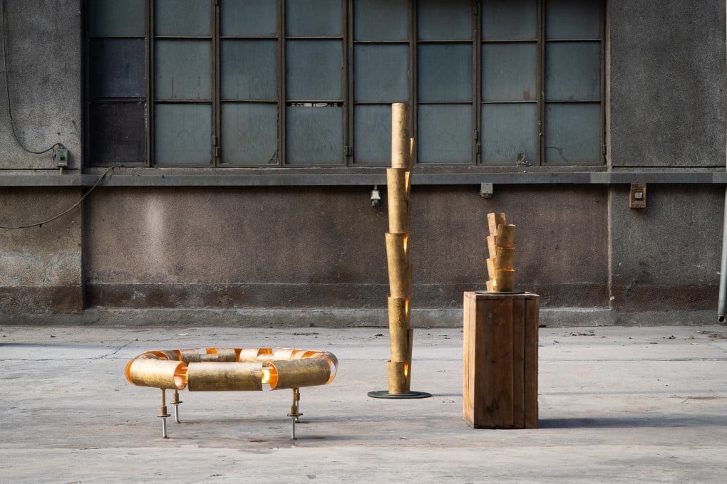 The Benboo lighting trio, comprising a table lamp, floor lamp and wall lamp that pay tribute to bamboo in copper, designed by Studio RYTE. Photo: Hong Kong Interior Design Week