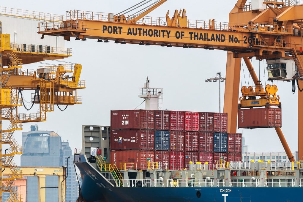 A cargo ship is loaded with containers as it is docked at the port of Bangkok in Thailand on Thursday. Thailand is one of six countries in Southeast Asia slapped with much higher than expected tariffs by the US. Photo: Reuters