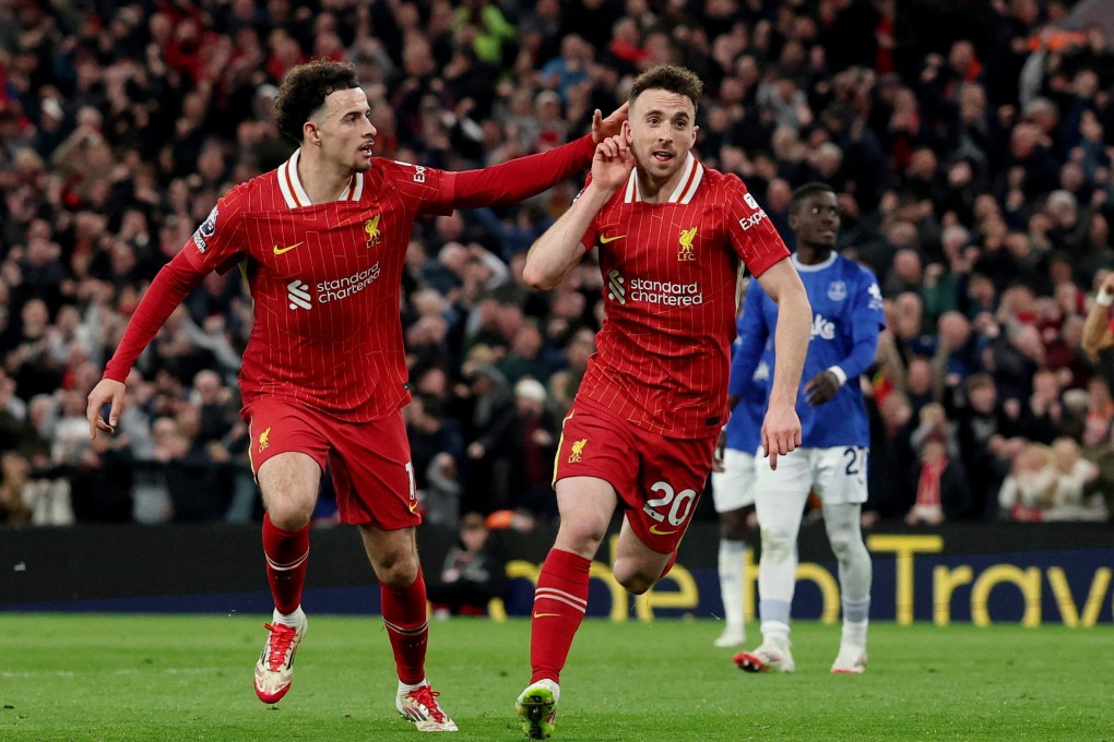 Liverpool forward Diogo Jota celebrates after scoring the only goal in the victory over Everton at Anfield. Photo: Reuters