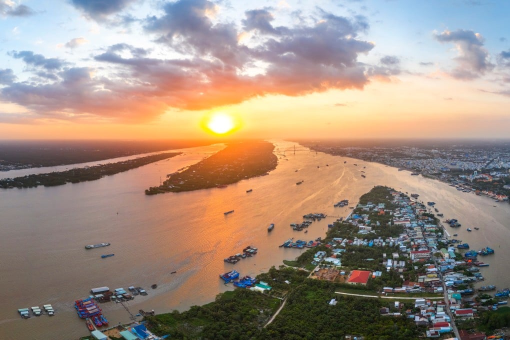 Aerial view of sunset over the Mekong river in My Tho, Vietnam. Photo: Shutterstock