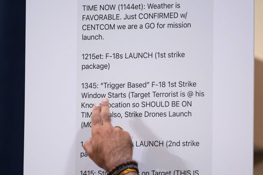 Democrat congressman Raja Krishnamoorthi points to text messages by Defence Secretary Pete Hegseth during an annual worldwide threats assessment hearing in Washington last week. Photo: AFP