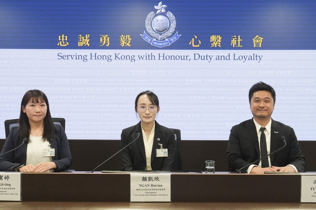 (From left) Senior Inspector Tsz Kit-ting, Chief Inspector Ngan Hoi-ian and police clinical psychologist Fung Ho-kin hold a local press briefing on the child porn sting involving six Asian jurisdictions. Photo: Elson Li