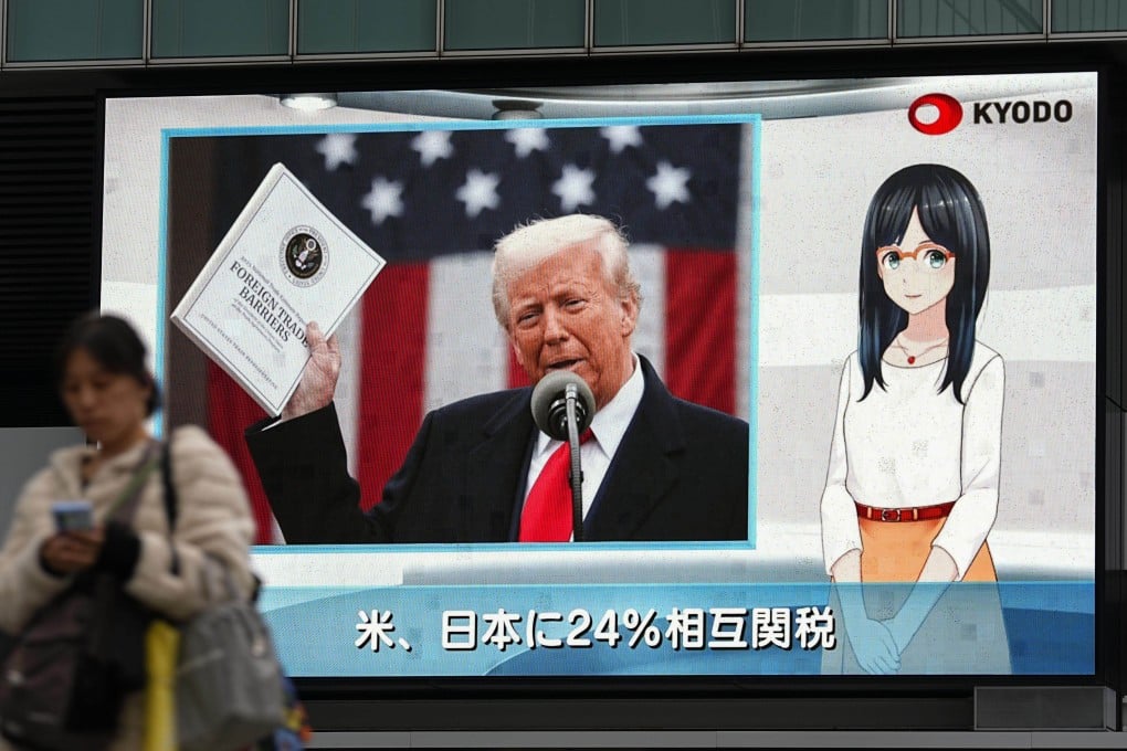 A street monitor in Tokyo shows US President Donald Trump speaking on Wednesday, when he announced fresh tariffs on American imports from Japan and dozens of other countries. Photo: Kyodo