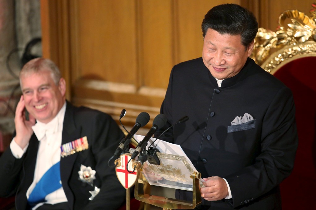 China’s President Xi Jinping gives a speech as Britain’s Prince Andrew laughs at the China State Banquet at the Guildhall in London in October 2015. Photo: Reuters