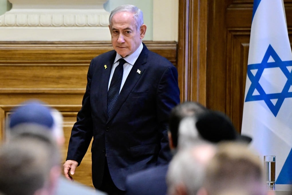 Israeli Prime Minister Benjamin Netanyahu as he visits Ludovika University of Public Service in Budapest, Hungary, on Friday. Photo: Reuters