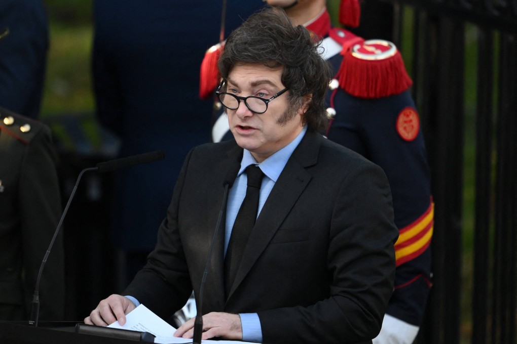 Argentina’s President Javier Milei delivers a speech during a ceremony to commemorate the 43rd anniversary of the war between Argentina and the United Kingdom over the Malvinas/Falkland Islands at the Cenotaph to the Fallen of the Malvinas War in Buenos Aires on Wednesday. Photo: AFP