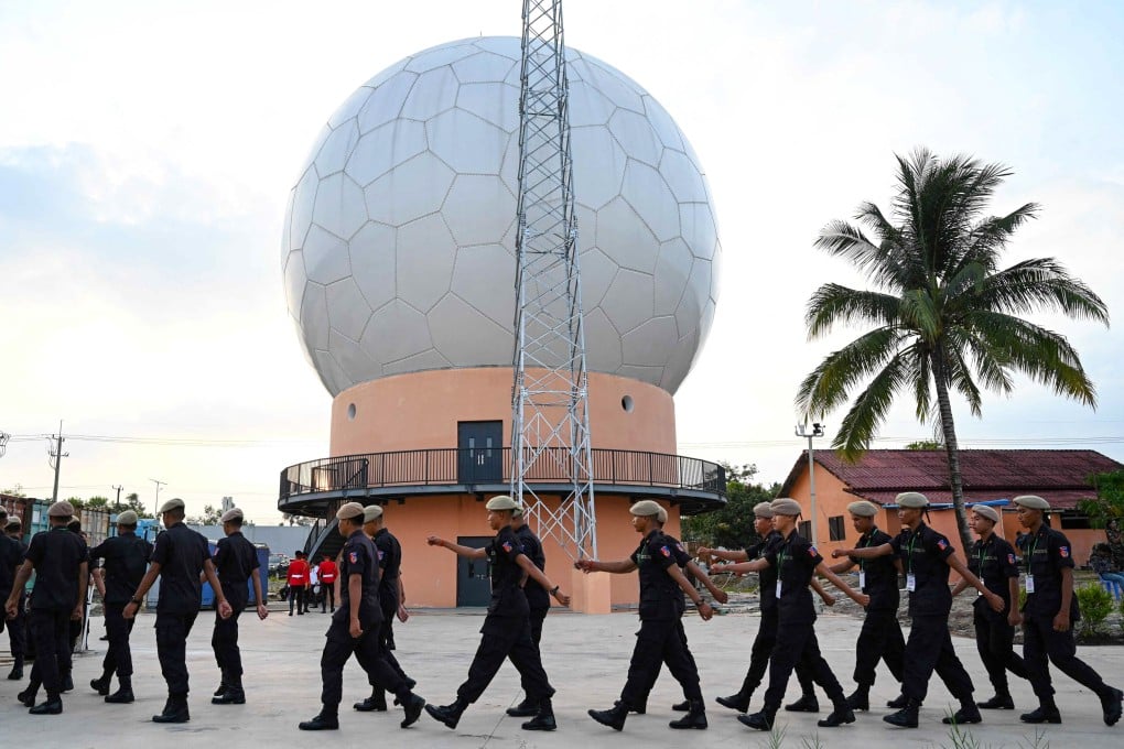 Cambodian soldiers walk in formation during the inauguration ceremony for the upgraded Ream Naval Base and the Cambodia-China joint logistics and training centre on April 5. Photo: AFP