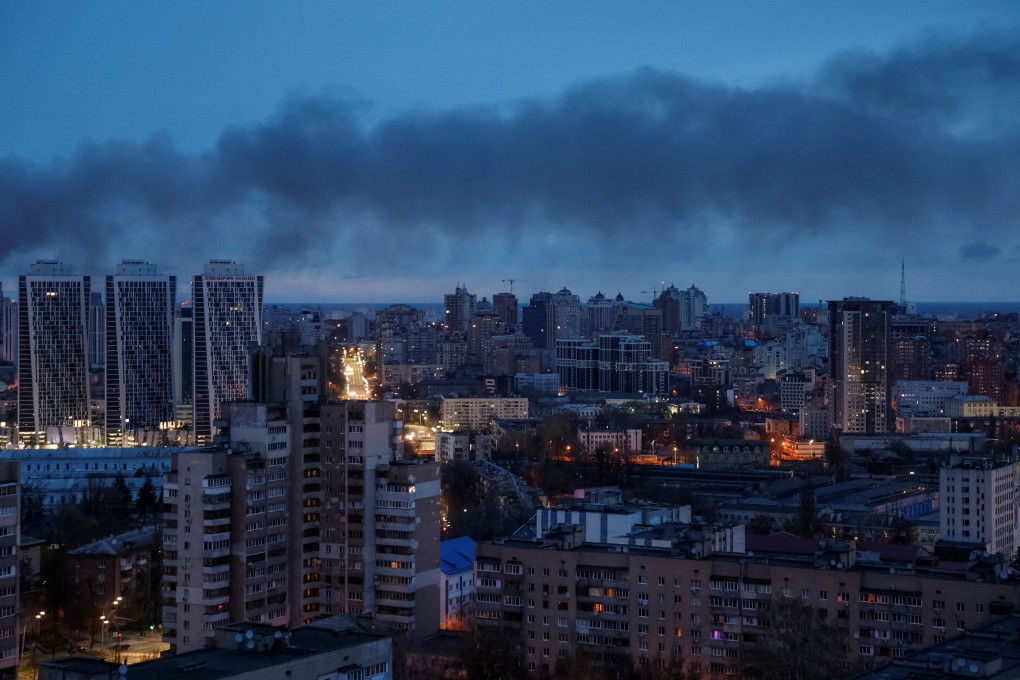 Smoke rises in the sky over Kyiv after a Russian missile strike on Sunday. Photo: Reuters