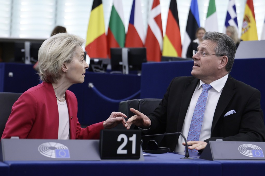 European Commission President Ursula von der Leyen (left) and EU Commissioner for Trade and Economic Security, Interinstitutional Relations and Transparency Maros Sefcovic (right) before a debate at the European Parliament in Strasbourg, France, on March 11. Photo: EPA-EFE European Commission President Ursula von der Leyen (left) and EU Commissioner for Trade and Economic Security, Interinstitutional Relations and Transparency Maros Sefcovic (right) before a debate at the European Parliament in Strasbourg, France, on March 11. Photo: EPA-EFE