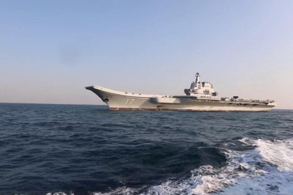 PLA aircraft carrier the Shandong conducted joint manoeuvres with its naval and aerial units to the southeast of Taiwan on Tuesday and Wednesday. Photo: Handout via Reuters