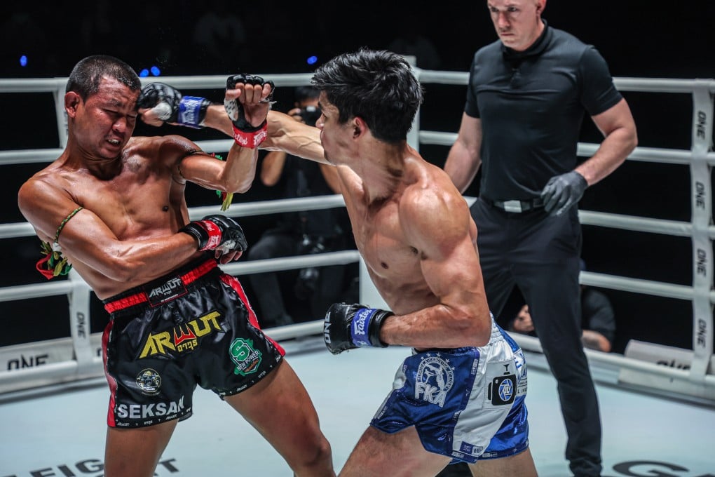 Asa Ten Pow connects with a right in his Muay Thai fight against Seksan Or Kwanmuang at ONE Fight Night 30. Photo: ONE Championship