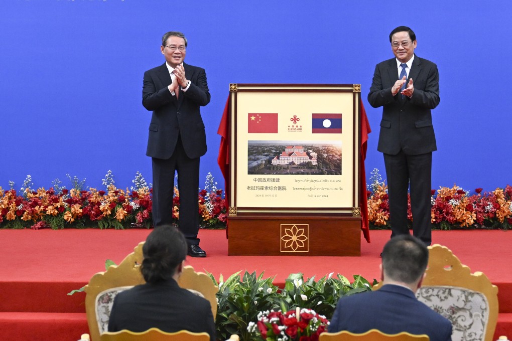 Chinese Premier Li Qiang and Laos Prime Minister Sonexay Siphandone attend the launch of the China-aided Mahosot General Hospital building in Vientiane in October. Photo: Xinhua
