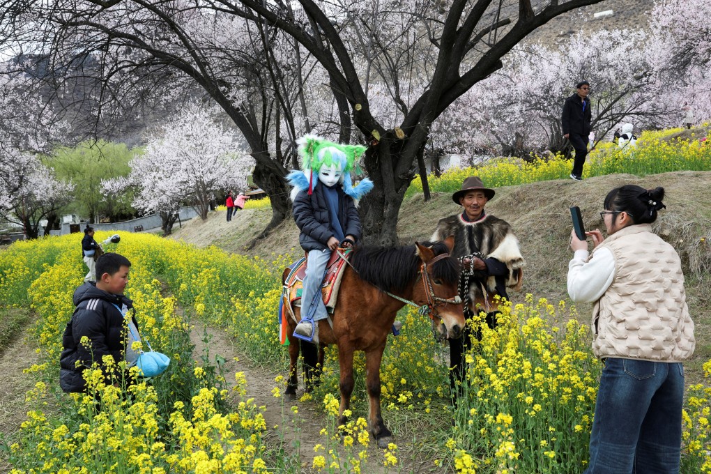 A visitor poses for a photo at Nyingchi Peach Blossom Festival. Photo: Reuters