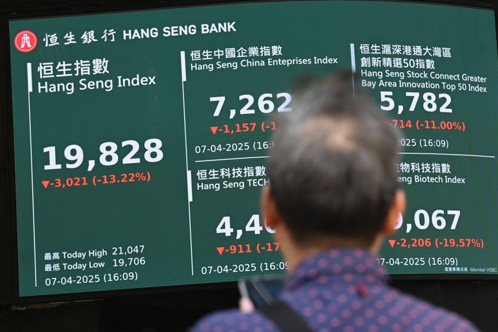 A man looks at an electronic board showing major Hang Seng indices in Hong Kong on April 7, 2025. Photo: AFP