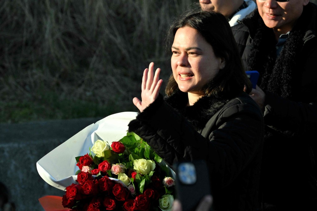 Philippine Vice-President Sara Duterte-Carpio arrives to address people gathered outside the International Criminal Court in The Hague on March 14. Photo: AFP