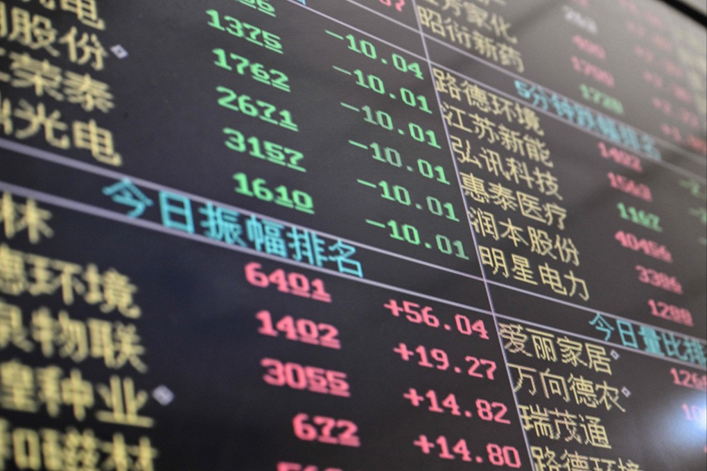 A screen showing stock prices is seen at a securities company in Shanghai, China on Tuesday. US President Donald Trump’s reciprocal tariffs targeting almost all of its trading partners have sent global markets into turmoil. Photo: AFP
