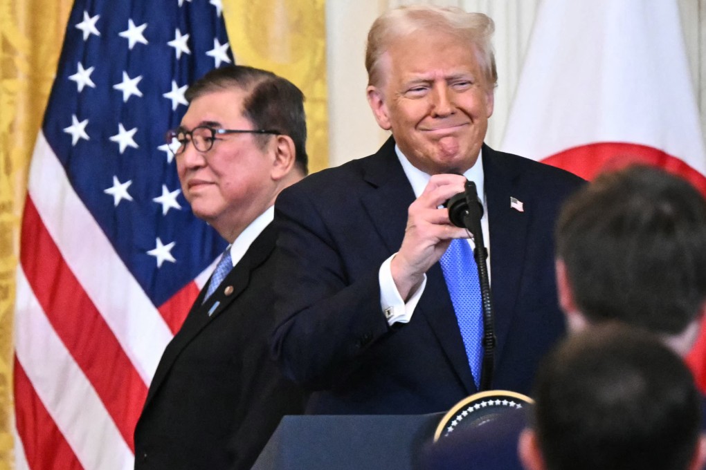 US President Donald Trump and Japanese Prime Minister Shigeru Ishiba arrive for a joint press conference in the White House in February. Photo: AFP