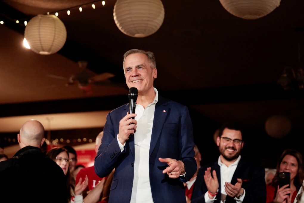 Canada’s Prime Minister Mark Carney speaks at the Victoria Edelweiss Club during his election campaign tour in Victoria, British Columbia, on Monday. Photo: Reuters