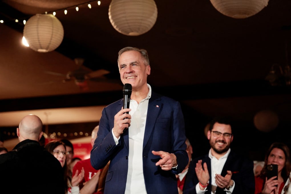 Canada’s Prime Minister Mark Carney speaks at the Victoria Edelweiss Club during his election campaign tour in Victoria, British Columbia, on Monday. Photo: Reuters