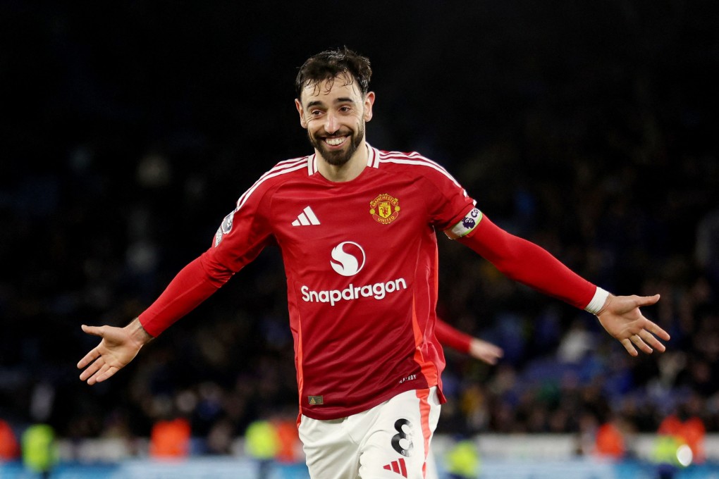 Manchester United captain Bruno Fernandes celebrates after scoring against Leicester City last month. Photo: Reuters
