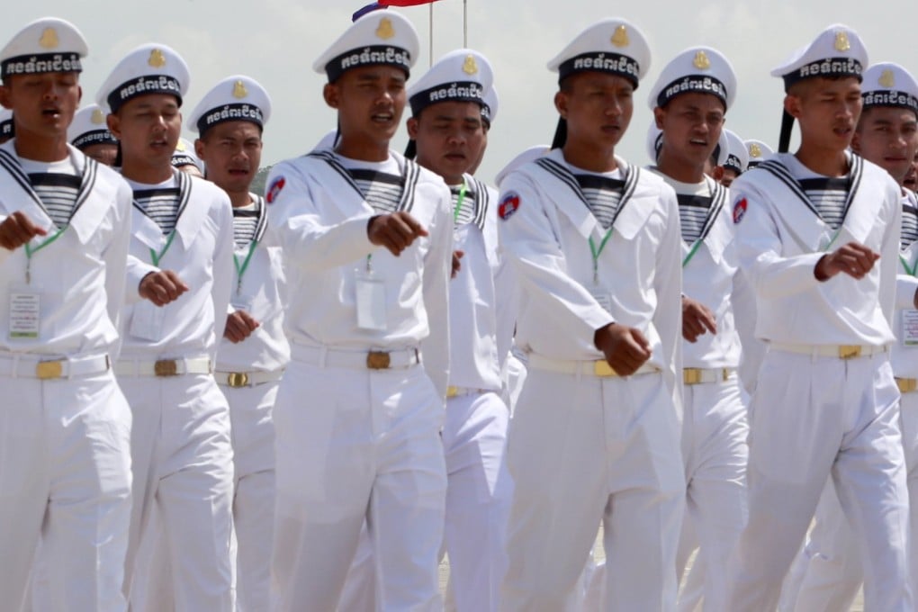 Members of the Cambodian navy march during a ceremony for modernised infrastructure at Ream Naval Base. Photo: EPA-EFE
