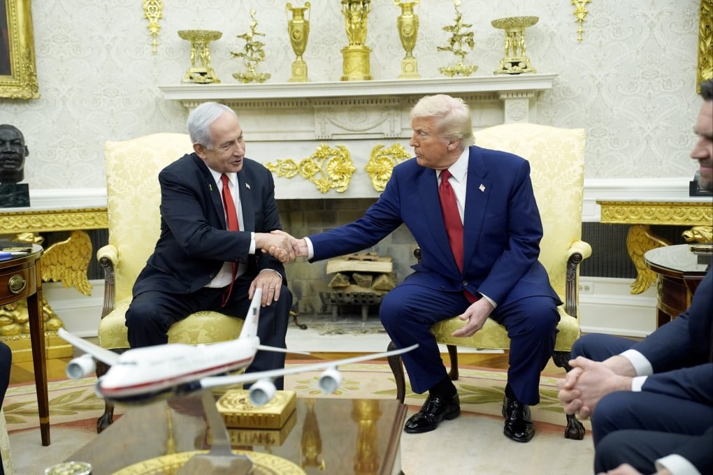 US President Donald Trump, right, with Israeli Prime Minister Benjamin Netanyahu during their meeting in the Oval Office at the White House in Washington on Monday. Photo: EPA-EFE