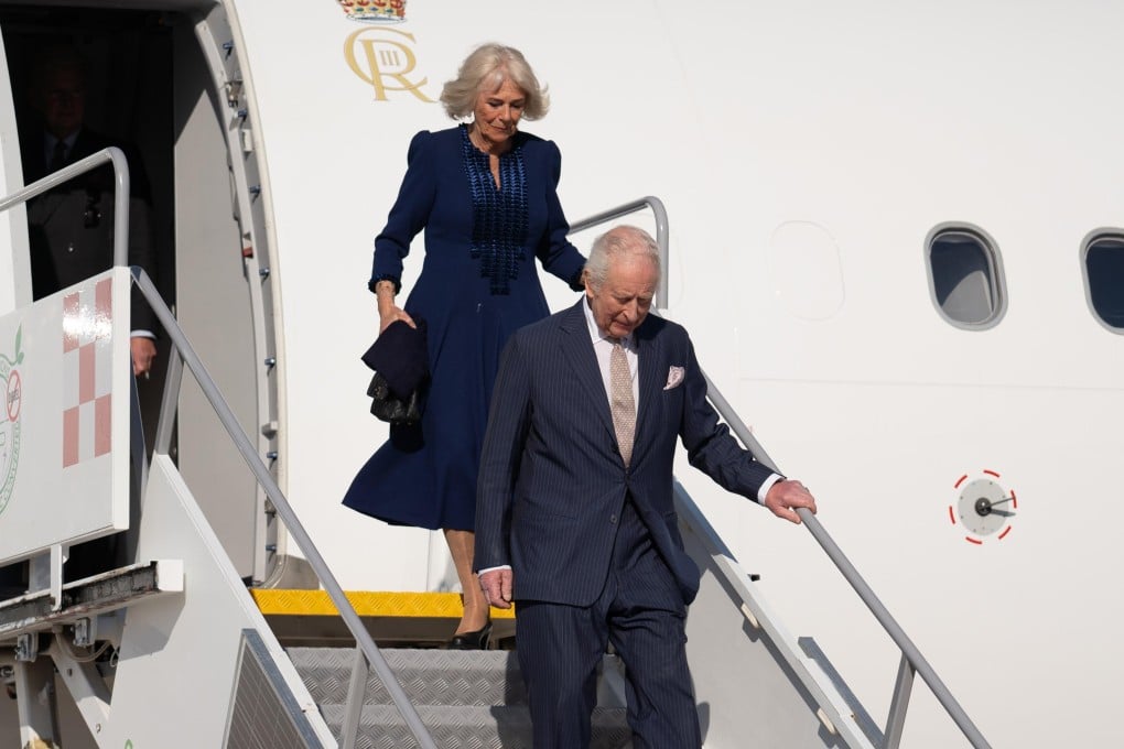 Britain’s King Charles and Queen Camilla arrive at Rome’s Ciampino Airport on Monday for their four-day state visit to Italy. Photo: EPA-EFE