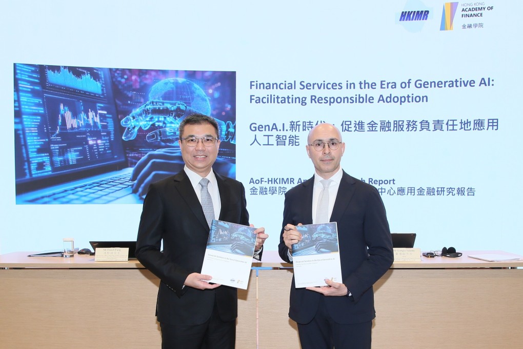 Enoch Fung (left), CEO of the Hong Kong Academy of Finance and executive director of Hong Kong Institute for Monetary and Financial Research (HKIMR), and Giorgio Valente, head of HKIMR, release a report titled “Financial Services in the Era of Generative AI: Facilitating Responsible Adoption” on Wednesday. Photo: Handout